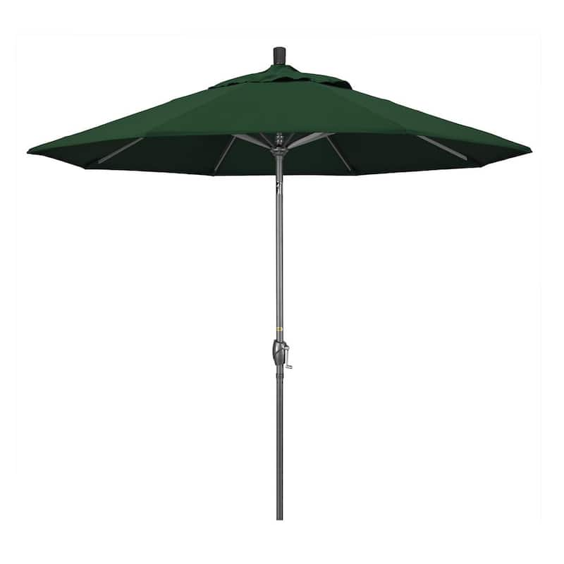 9 ft. Hammertone Grey Aluminum Market Patio Umbrella with Push Button Tilt Crank Lift in Hunter Green Pacifica