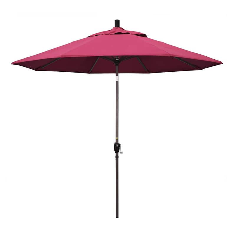 9 ft. Bronze Aluminum Market Push Button Tilt Crank Lift Patio Umbrella in Hot Pink Sunbrella