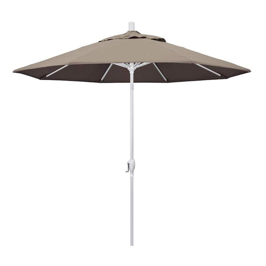 9 ft. White Aluminum Pole Market Aluminum Ribs Push Tilt Crank Lift Patio Umbrella in Taupe Sunbrella