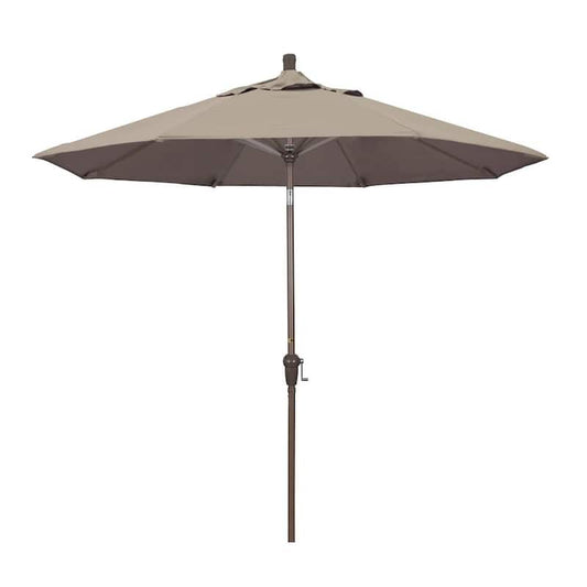 9 ft. Champange Aluminum Pole Market Aluminum Ribs Auto Tilt Crank Lift Patio Umbrella in Taupe Sunbrella