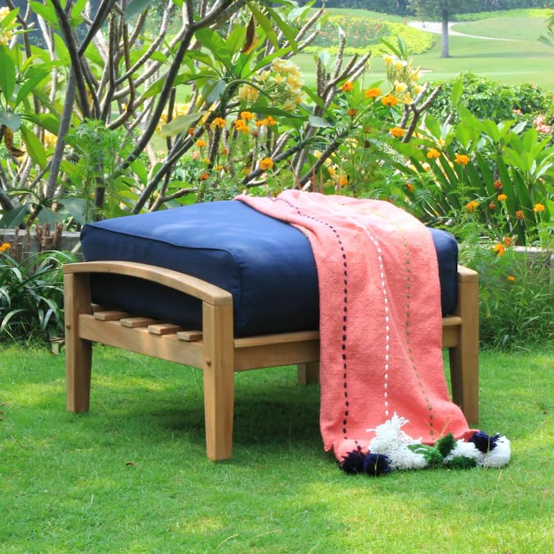 Caterina Teak Wood Outdoor Ottoman with Navy Cushion