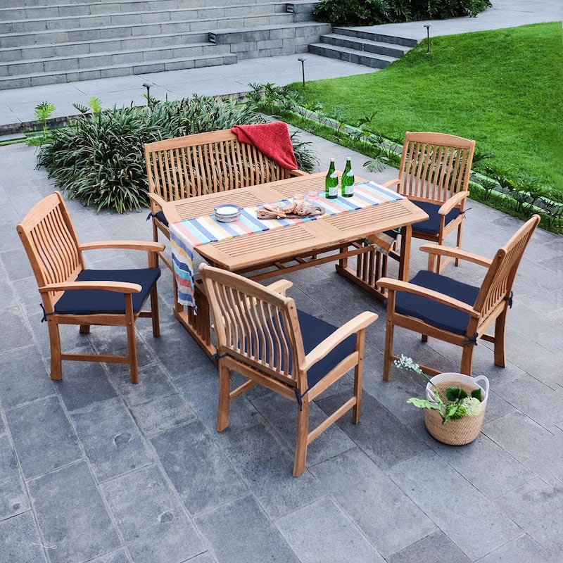 Caterina 6-Piece Teak Wood Outdoor Dining Set with Navy Cushion