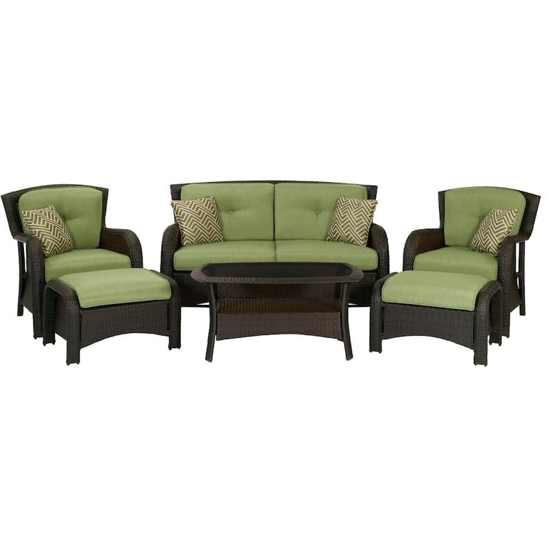 Corrolla 6-Piece Wicker Patio Conversation Set w/ Plush Green Cushions and Loveseat, Coffee Table, 2 Chairs, 2 Ottomans