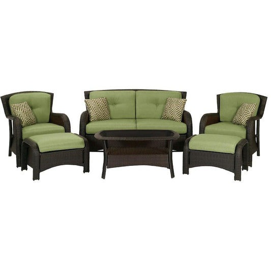 Corrolla 6-Piece Wicker Patio Conversation Set w/ Plush Green Cushions and Loveseat, Coffee Table, 2 Chairs, 2 Ottomans