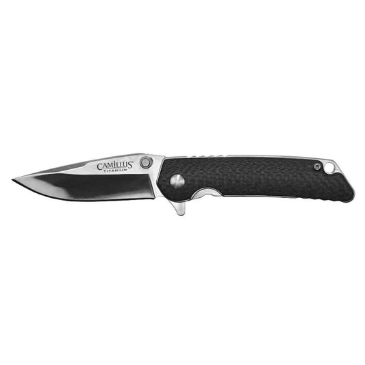 TRC 2.75 in. Titanium Bonded Drop Point Smooth Edge Folding Knife, Quick Launch Bearing System, Black Carbon FiberHandle