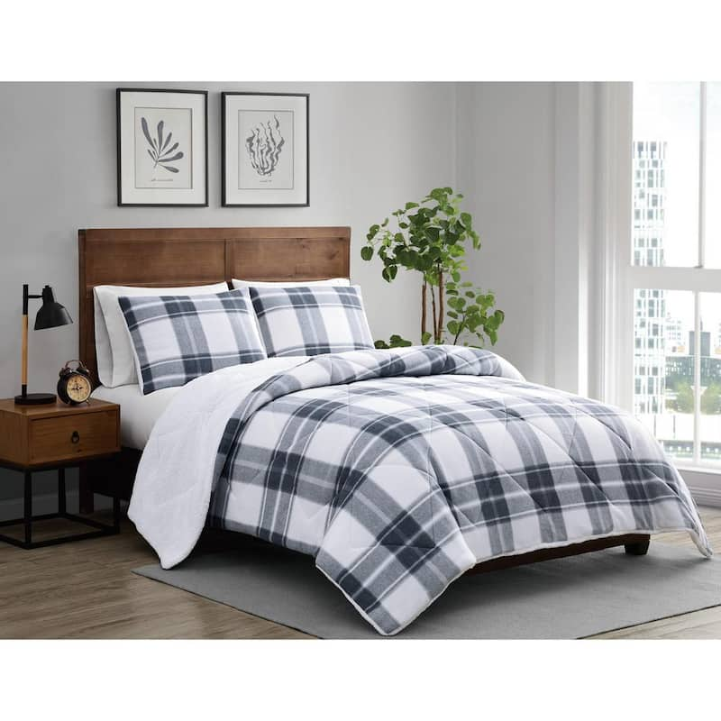 Cozy Teddy 3-Piece Blue Plaid Polyester King Comforter Set