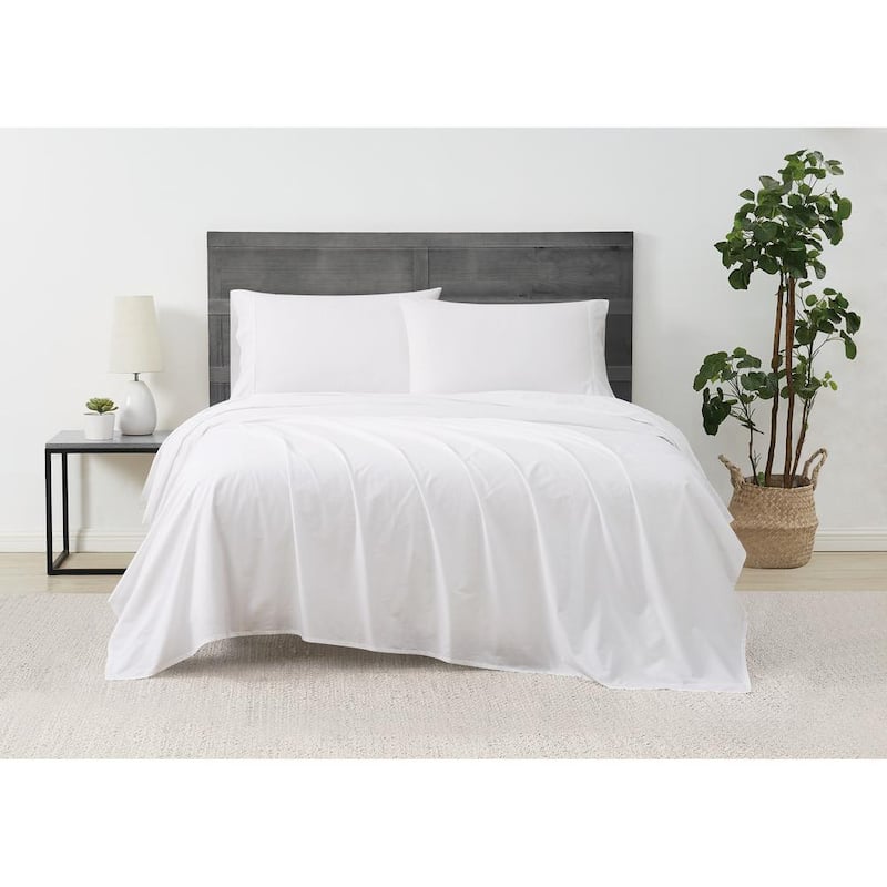 Solid Percale 4-Piece White Cotton Full Sheet Set