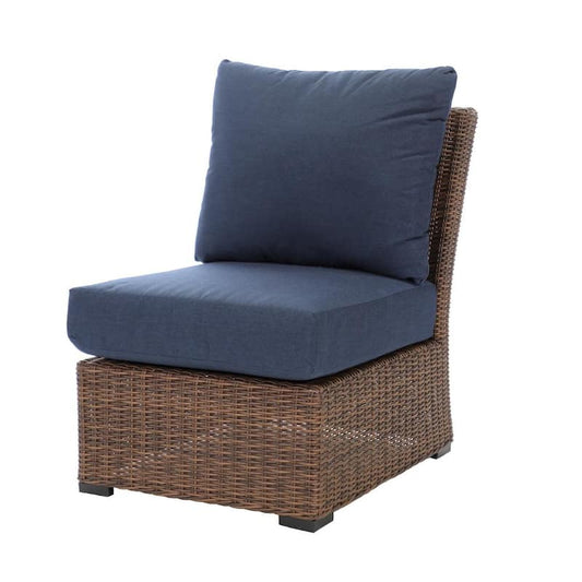 Alder Brown Stationary Armless Wicker Outdoor Lounge Chair with Sunbrella Indigo Cushions