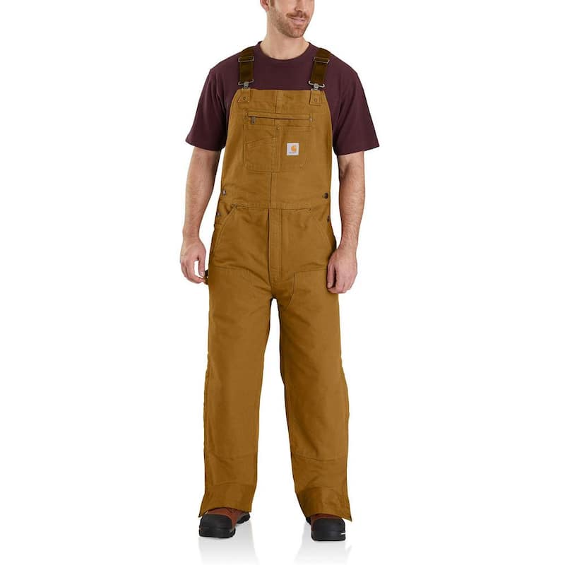 Men's Medium Short Brown Cotton Quilt Lined Washed Duck Bib Overalls