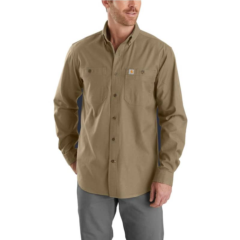 Men's Large Dark Khaki Cotton/Spandex Rugged Flex Rigby Long Sleeve Work Shirt