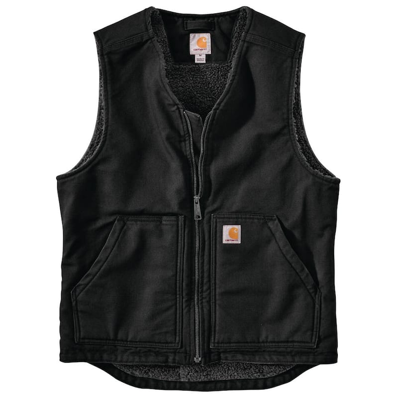 Men's Large Tall Black Cotton Relaxed Fit Washed Duck Sherpa-Lined Vest