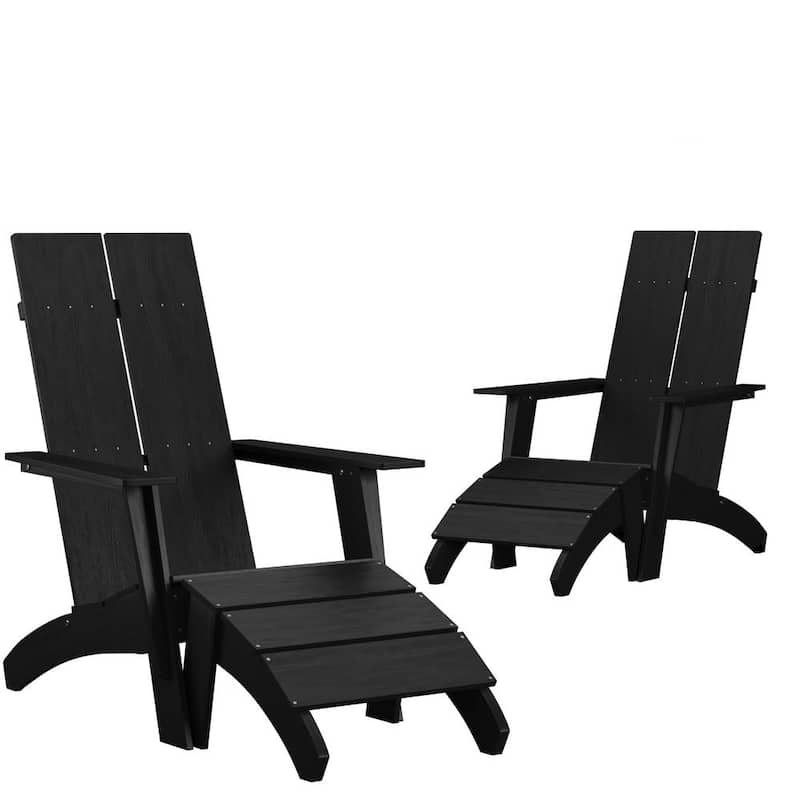 Black Plastic Adirondack Chair with Foot Rest (2-Pack)