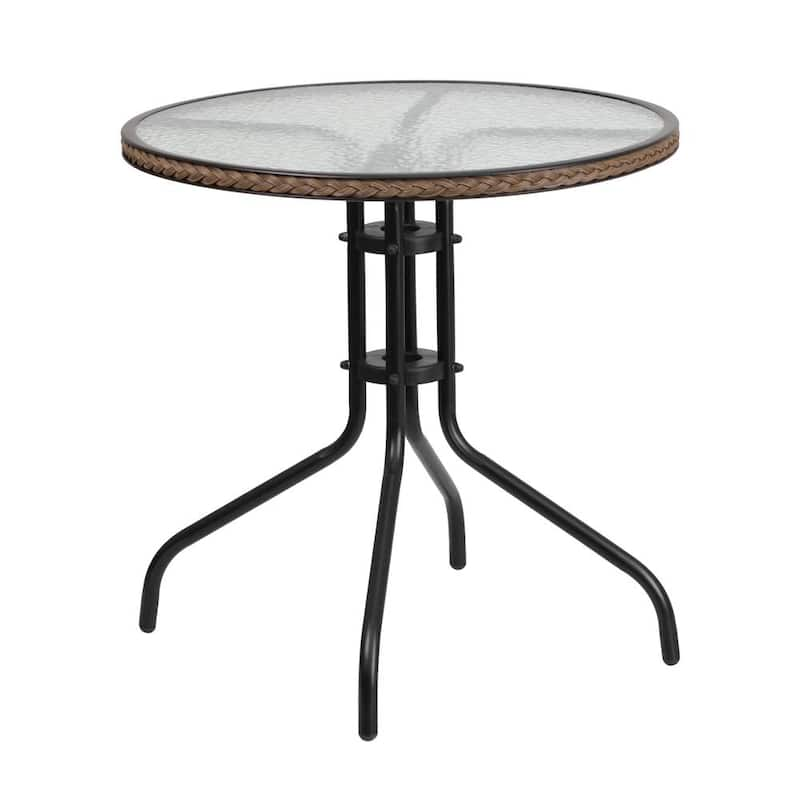 Clear Top/Dark Brown Rattan Round Metal Outdoor Bistro Table