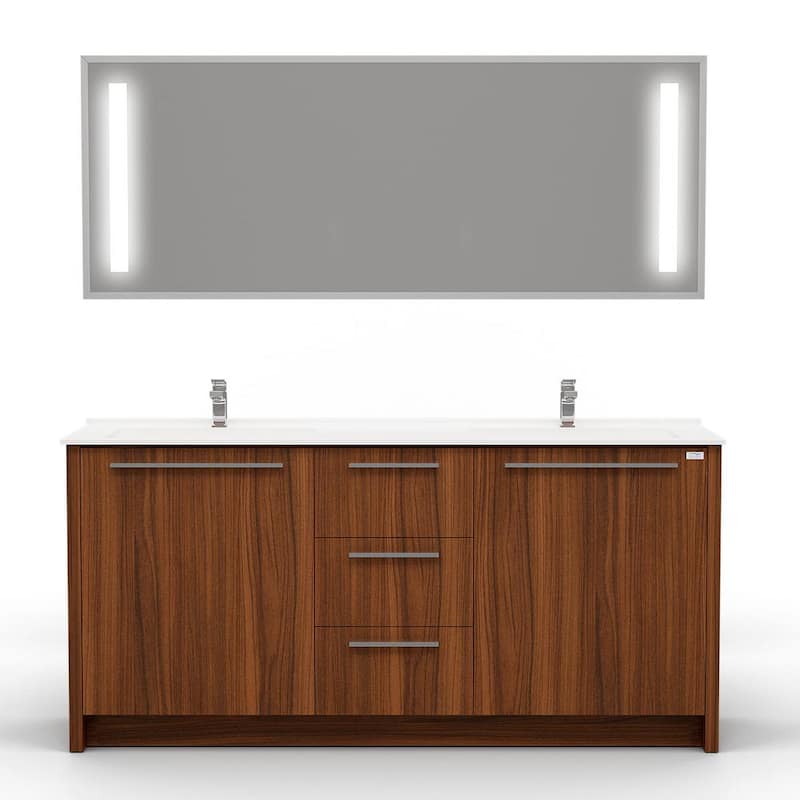 Nona 60 in.W x 20 in. D Vanity In Matte Walnut With Acrylic Top in White with Double White Basin and Mirror