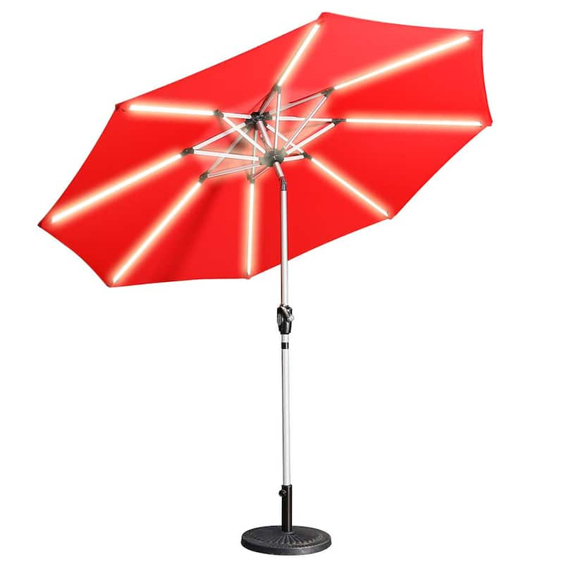 9 ft. Aluminum Market High Quality 3-Way Solar LED Lights Tilt Patio Umbrella in Red