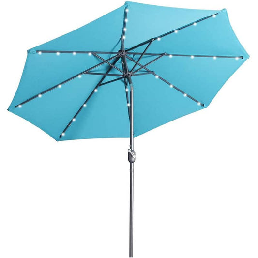 9 ft. Aluminum Market High Quality Solar LED Light Tilt Patio Beach Umbrella in Lake Blue Without Base