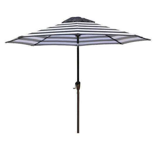 9 ft. Cast Aluminum Patio Market Umbrella with 32 LED Solar Lights in Black and White Stripes