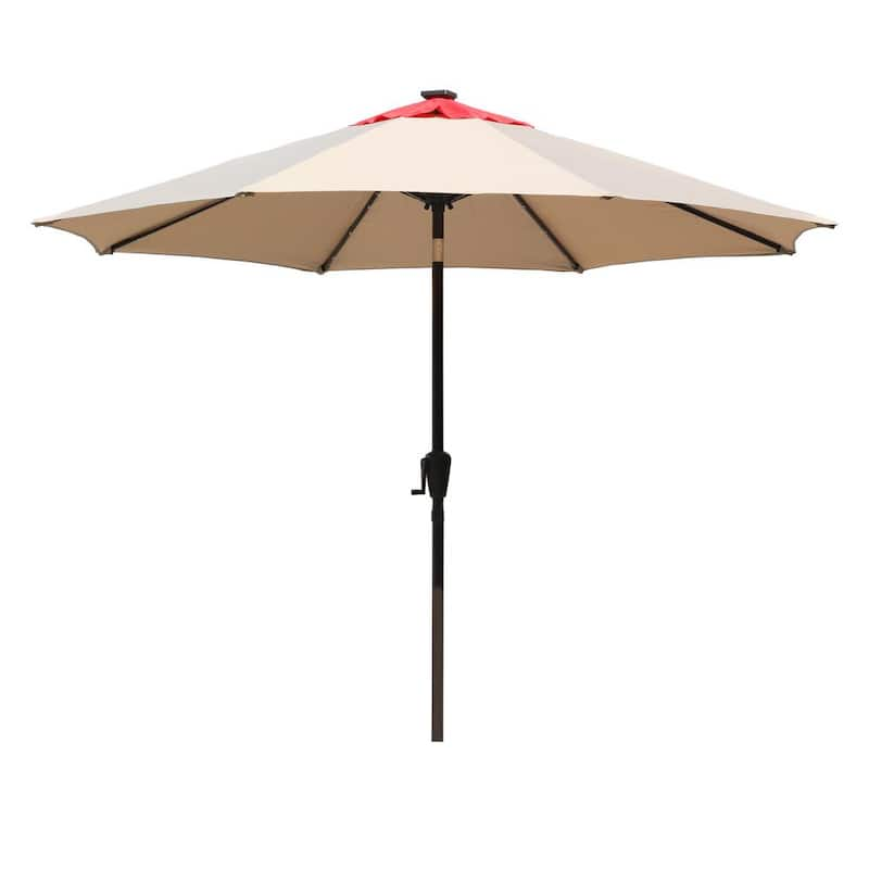 9 ft. Cast Aluminum Patio Market Umbrella with 32 LED Solar Lights in Light Tan and Red