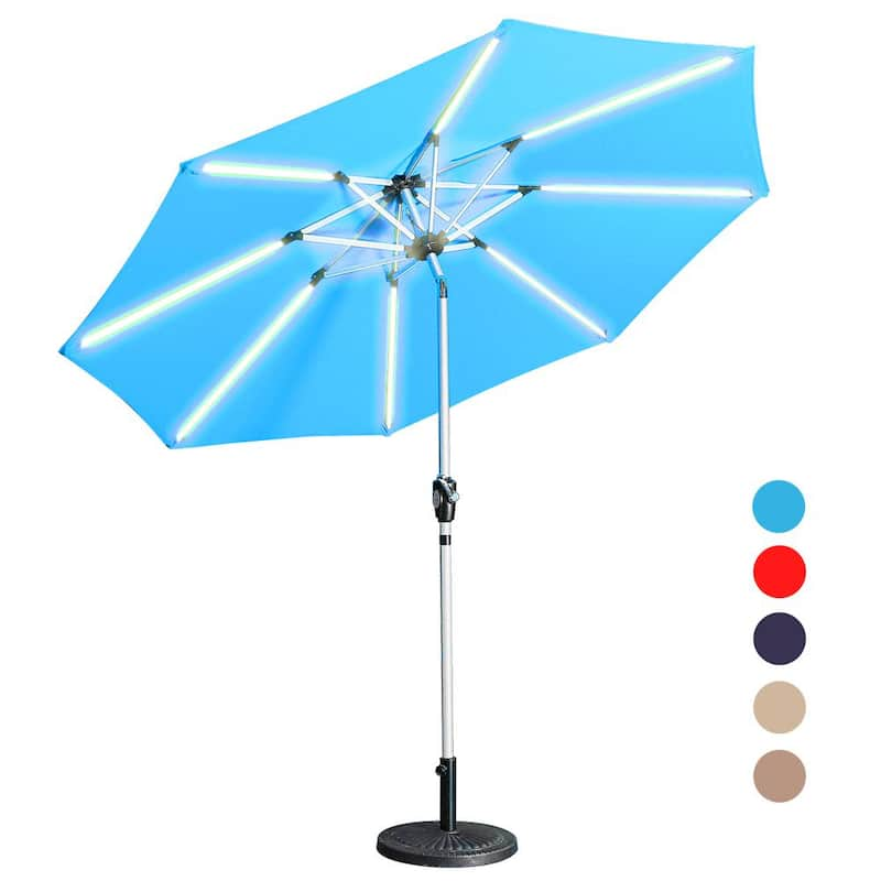 9 ft. Aluminum Market High Quality 3-Way Solar LED Lights Tilt Patio Umbrella in Lake Blue