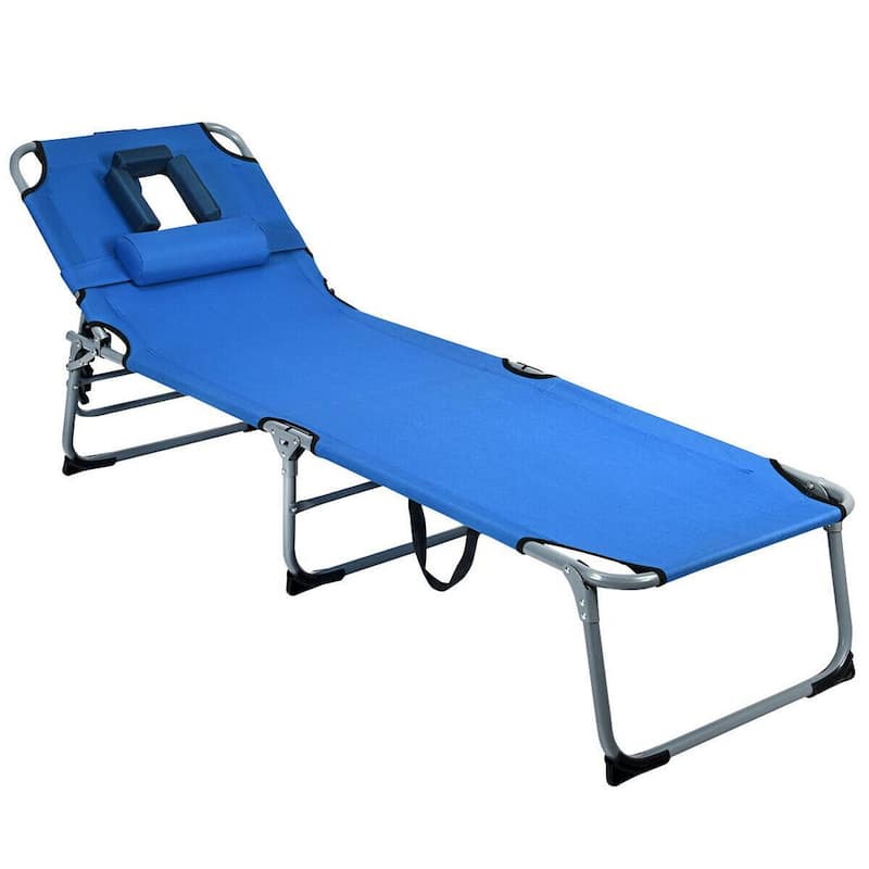 Blue 1-Piece Metal Outdoor Folding Chaise Lounge Chair with Pillow