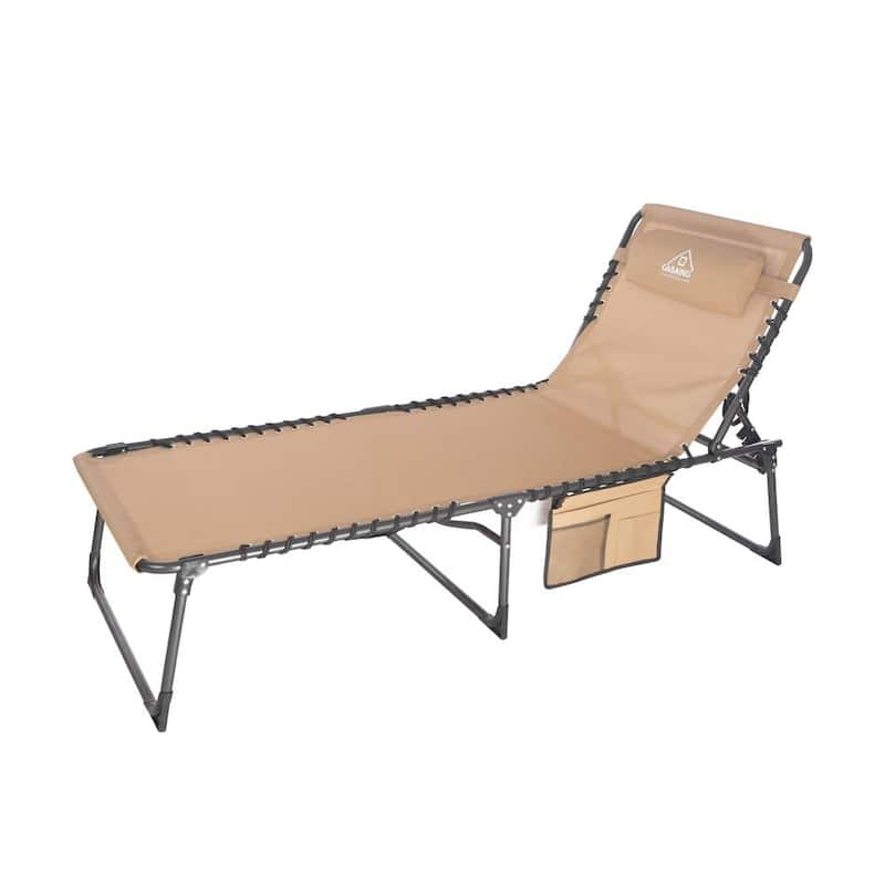 Brown Folding Metal Outdoor Lounge Chair 4-Position Chaise with Pillow Bonus Pockets for Beach Patio