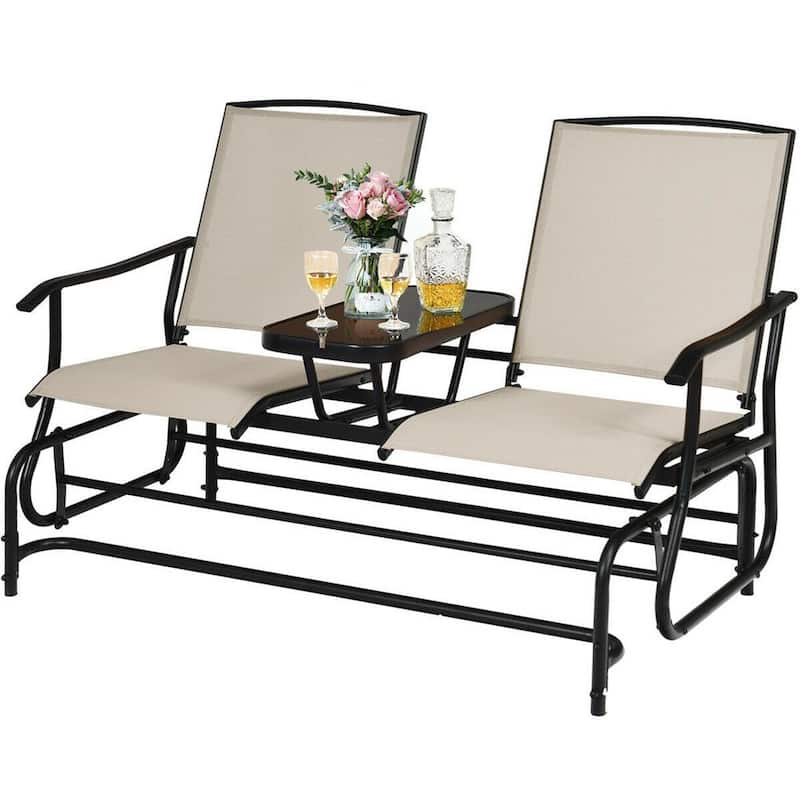 Beige 2-Person Metal Double Rocking Outdoor Patio Loveseat