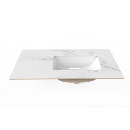 Cassandra 36 in. W x 22 in. D Porcelain Vanity Top in White Marble Finish with Right White Basin