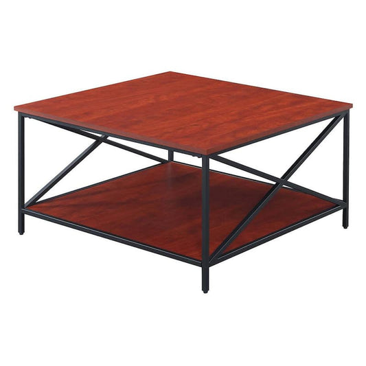 Tucson 32 in. Cherry Melamine/Black Medium Square Wood Coffee Table with Shelf