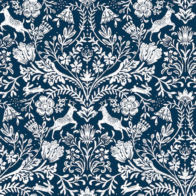 Forest Dance Navy Damask Fabric Pre-Pasted Matte Strippable Wallpaper