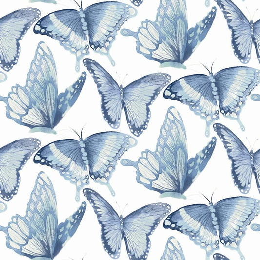 Janetta Blue Butterfly Fabric Pre-Pasted Matte Strippable Wallpaper