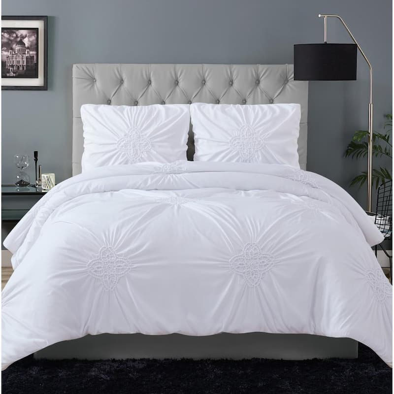 Georgia Rouched 3-Piece White Full/Queen Duvet Cover Set