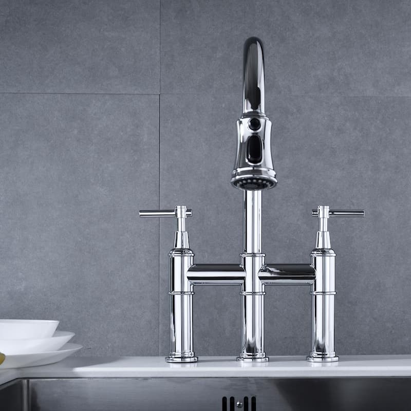 Double Handle Bridge Kitchen Faucet with Pull-Down Spray head in Spot in Polished Chrome