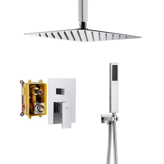 1-Spray Patterns with 10 in. Ceiling Mount Dual Shower Heads with Hand Shower Faucet, in Chrome (Valve Included)