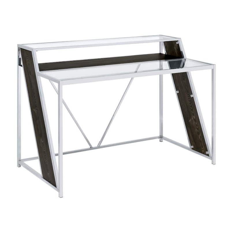 Alamosa 47.25 in. Rectangular Chrome and Dark Oak Writing Desk with Glass Top