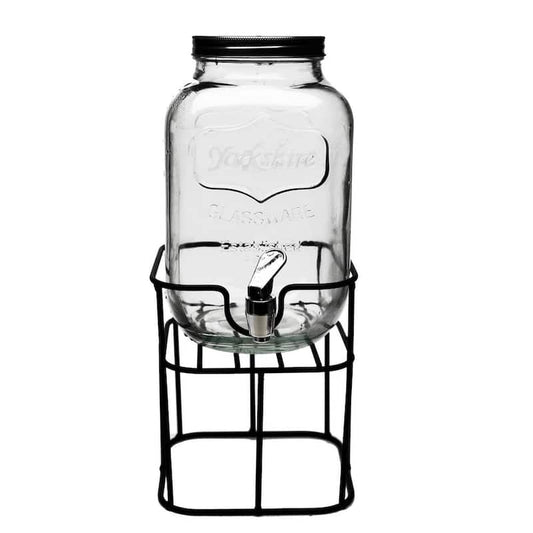 Mini Yorkshire 1 gal. Sun Tea Jar Cold Beverage Glass Dispenser on Black Metal Stand