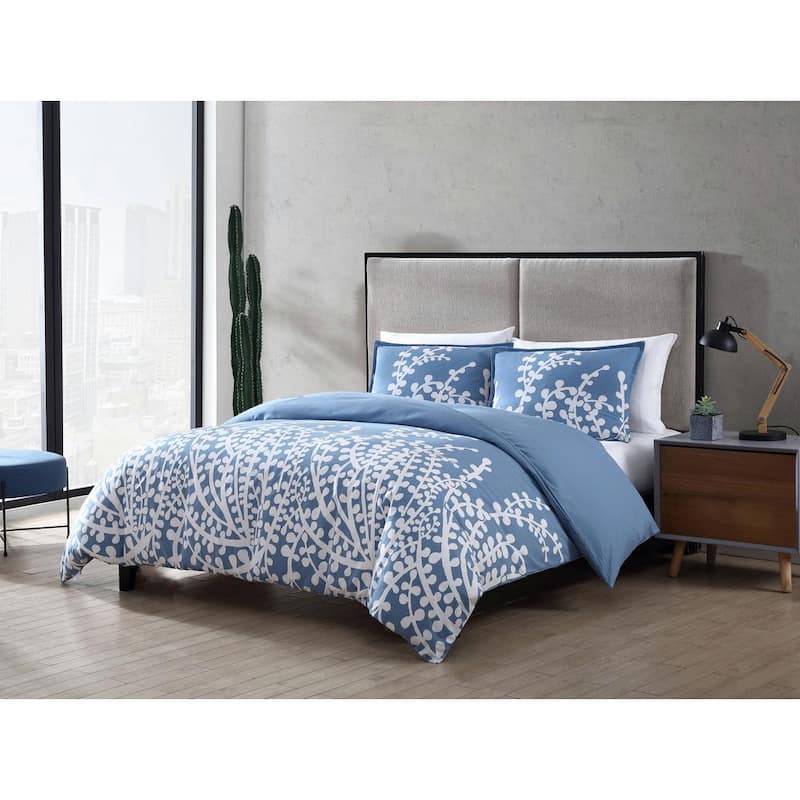 Branches 3-Piece Blue Botanical Cotton Full/Queen Comforter Set