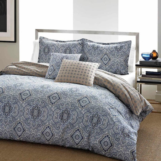 Milan 3-Piece Blue Geometric Cotton King Duvet Cover Set