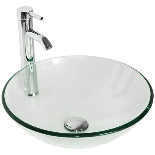 Bathroom Tempered Clear Glass Round Vessel Sink with Chrome Faucet and Pop-Up Drain