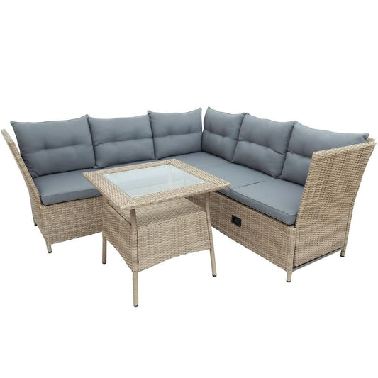 All Weather Beige 4-Piece PE Wicker Rattan Outdoor Sectional Sofa Set with Adjustable Arms and Gray Cushions