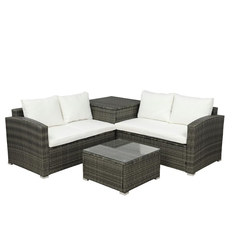 Brown 4-Piece PE Rattan Wicker Outdoor Sectional Set with Beige Cushions