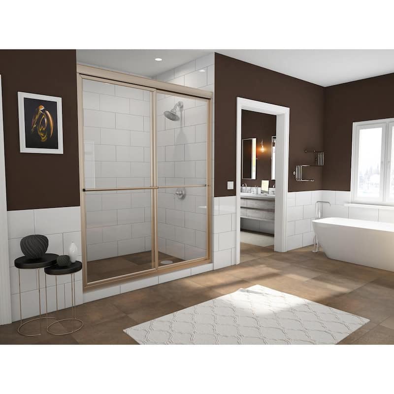 Newport 58 in. to 59.625 in. x 70 in. Framed Sliding Shower Door with Towel Bar in Brushed Nickel and Clear Glass