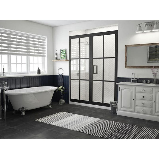 Gridscape Series 57.75 in. x 76 in. Framed Hinged Shower Door and Inline Panel in Black and Clear Glass with Handle