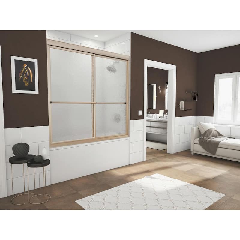 Newport 52 in. to 53.625 in. x 56 in. Framed Sliding Bathtub Door with Towel Bar in Brushed Nickel with Aquatex Glass