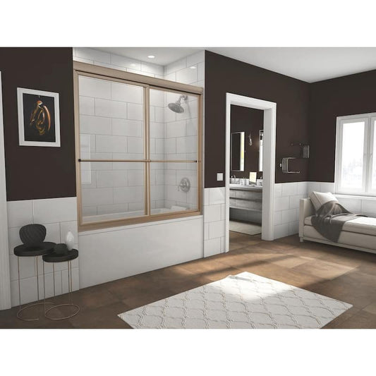 Newport 52 in. to 53.625 in. x 56 in. Framed Sliding Bathtub Door with Towel Bar in Brushed Nickel and Clear Glass