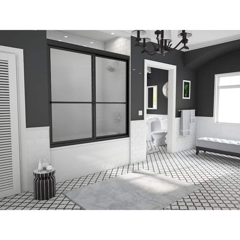 Newport 54 in. to 55.625 in. x 58 in. Framed Sliding Bathtub Door with Towel Bar in Matte Black and Aquatex Glass