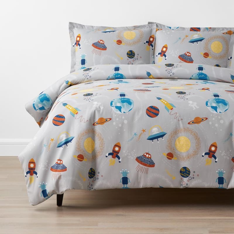 Company Kids Space 3-Piece Gray Multicolored Organic Cotton Percale Queen Duvet Cover Set