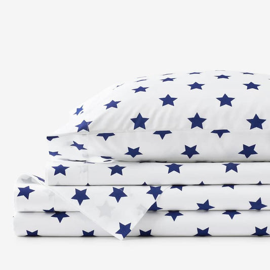 Company Kids Stars 4-Piece Blue Geometric 200-Thread Count Organic Cotton Percale Queen Sheet Set