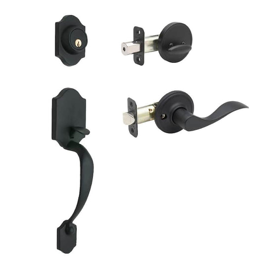 Heritage Black Door Handleset and Waverlie Handle Trim