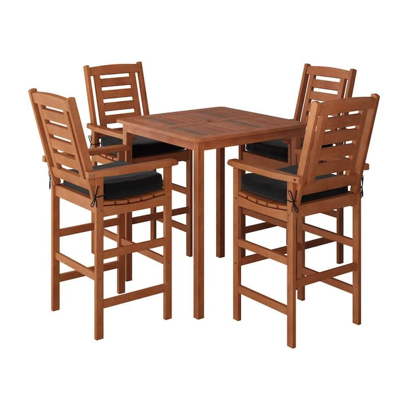 Miramar Brown 5-Piece Wood Bar Height Outdoor Bistro Set with Black Cushions