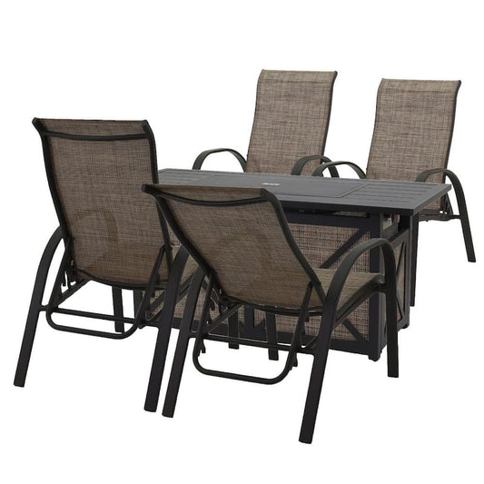 Santa Fe 5-Piece Metal Patio Fire Pit Set in Java with 1 Rectangle Fire Pit and 4 Sling Reclining Chairs